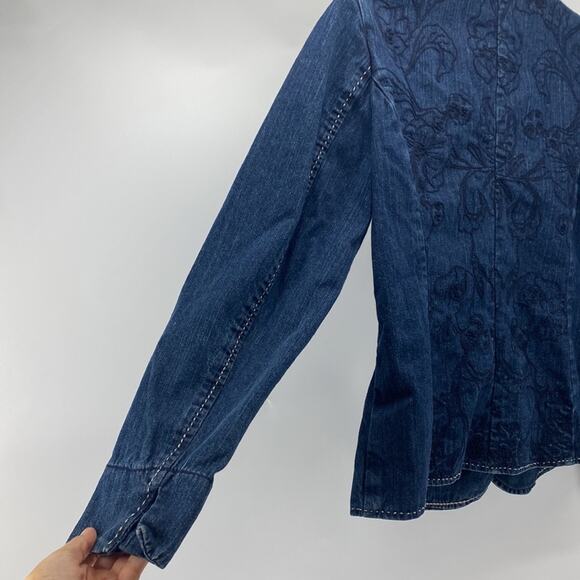 Coldwater Creek Denim Embroidered BOHO Jacket Nehru Collar Cottage size 6 - Picture 8 of 8